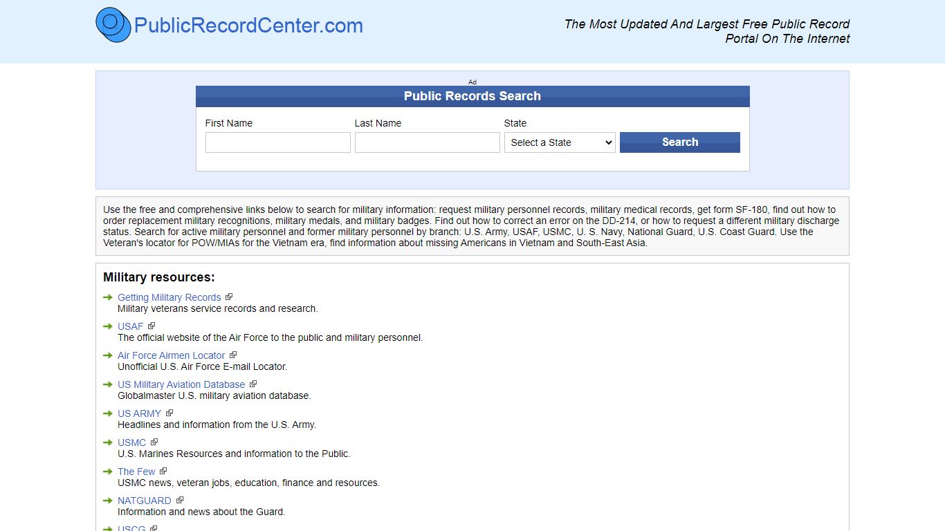 Military and Veteran Directory - Public record center